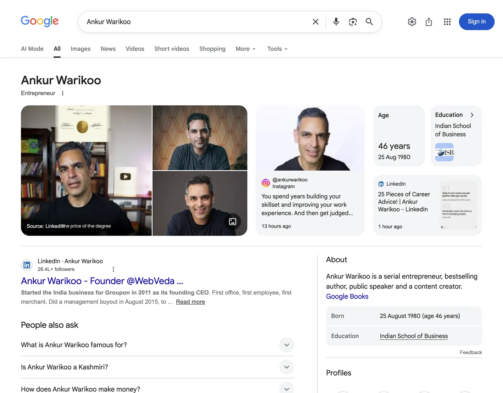 Google search results page for Ankur Warikoo, Entrepreneur