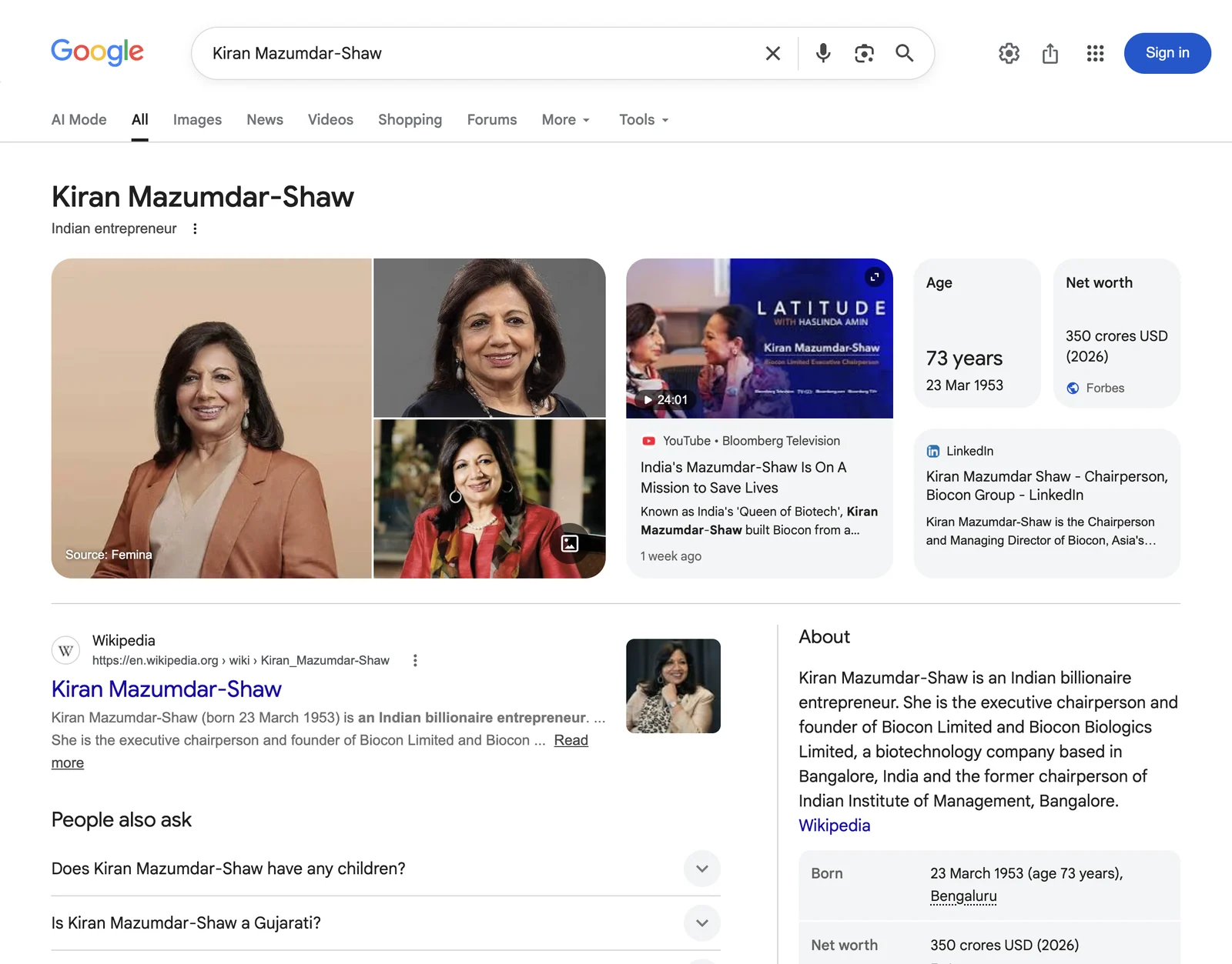 Google search results page for Kiran Mazumdar-Shaw, Indian entrepreneur