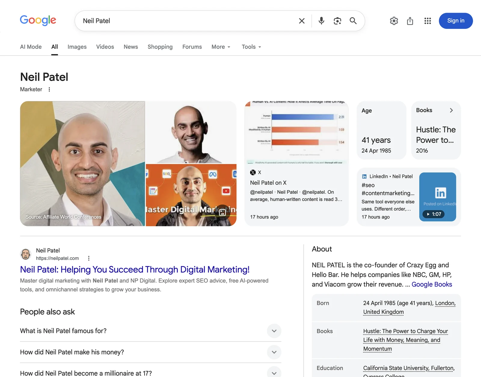 Google search results page for Neil Patel, Marketer