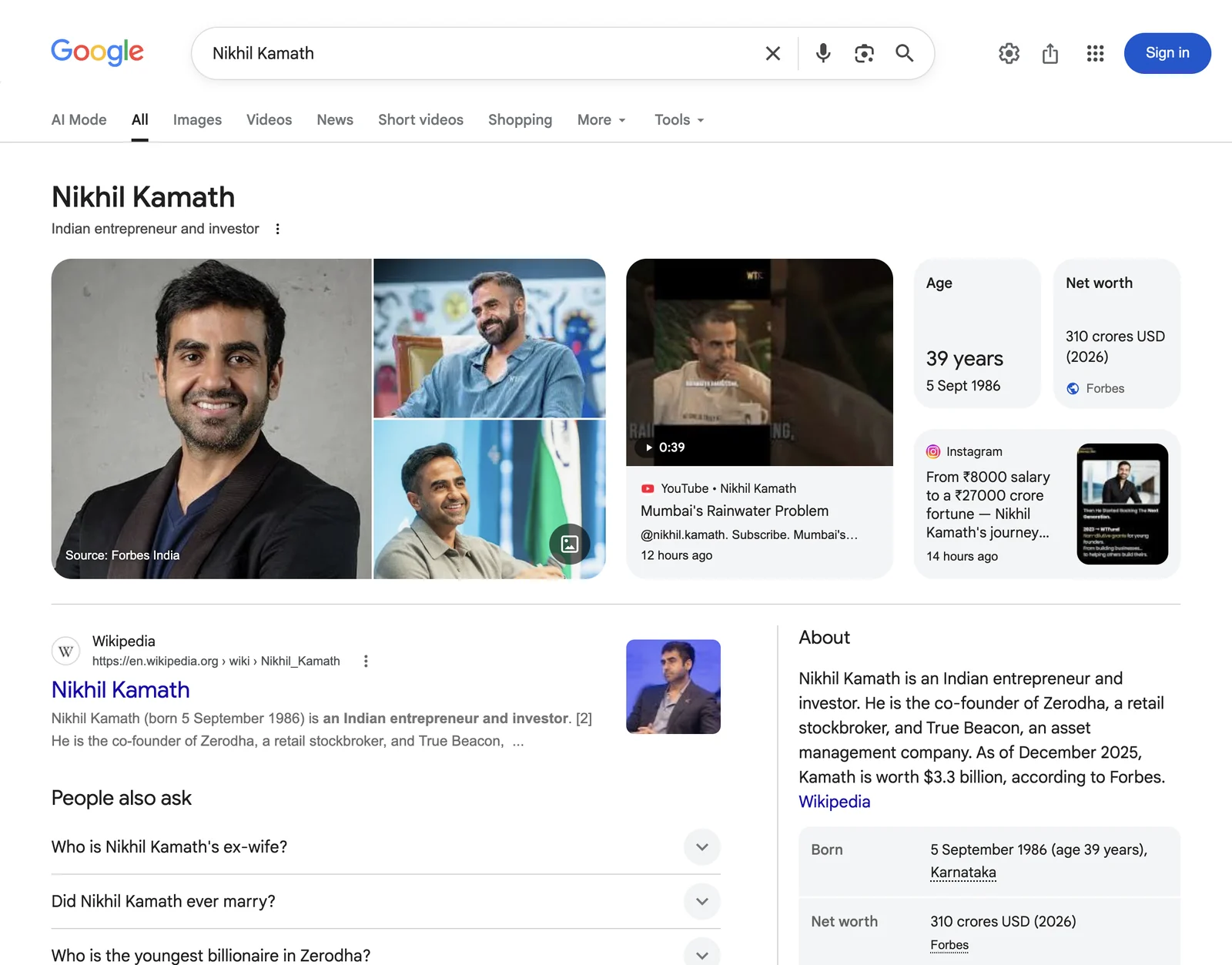 Google search results page for Nikhil Kamath, Indian entrepreneur and investor