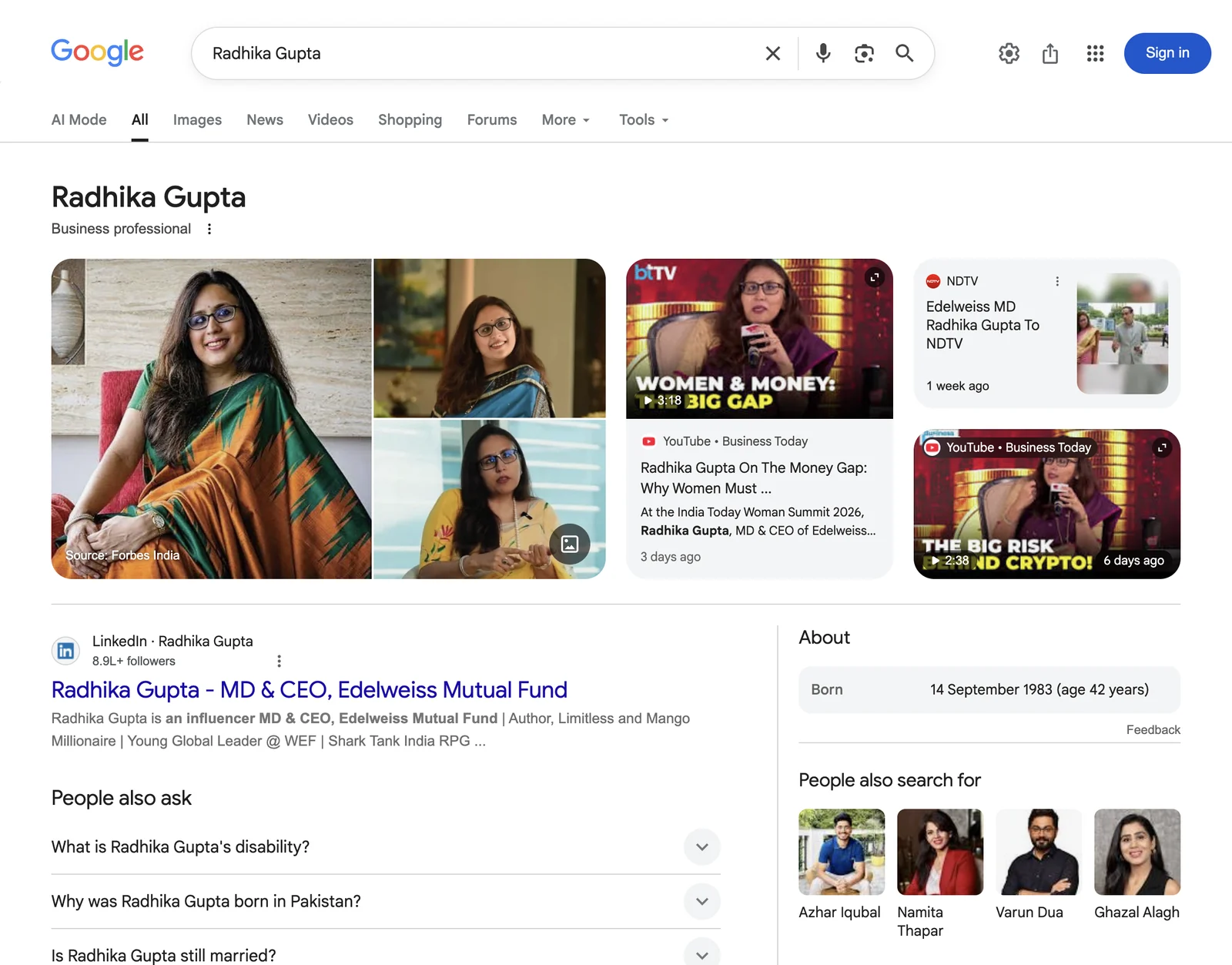 Google search results page for Radhika Gupta, Business professional