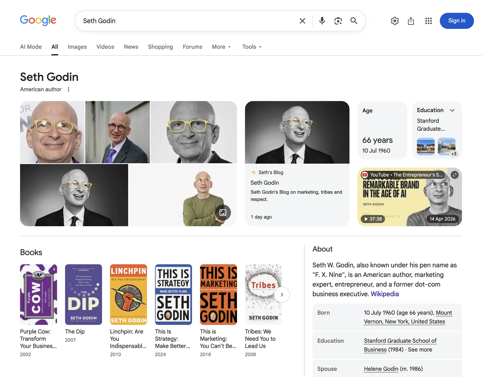 Google search results page for Seth Godin, American author