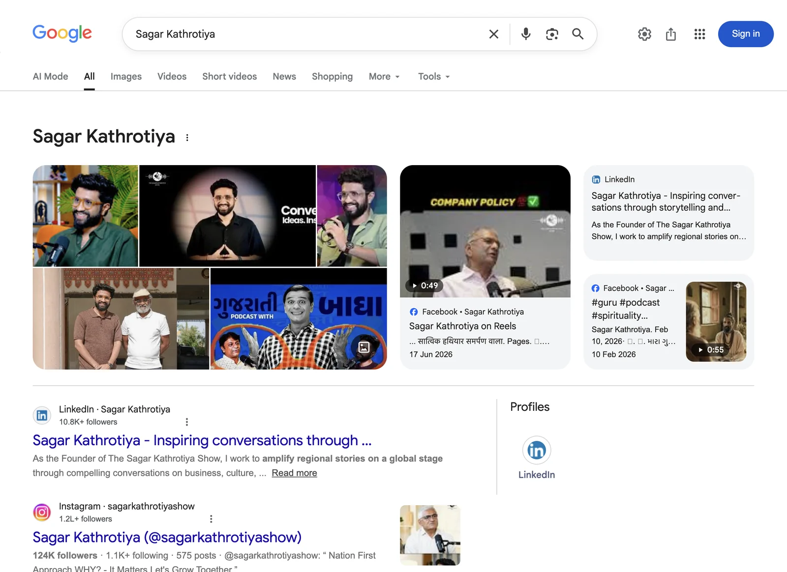 Google search result for Sagar Kathrotiya, Founder