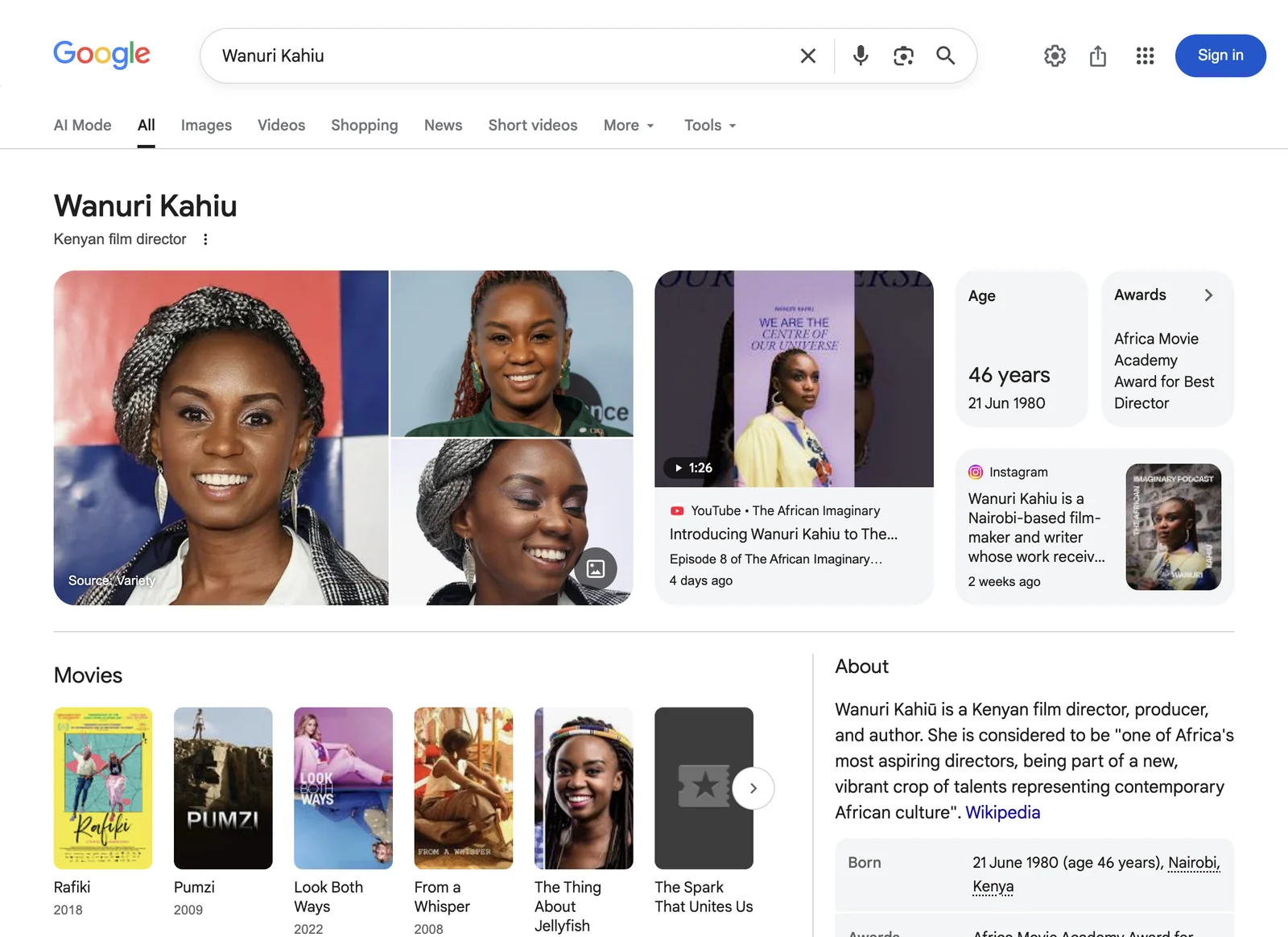 Google search result for Wanuri Kahiu, Film director and writer